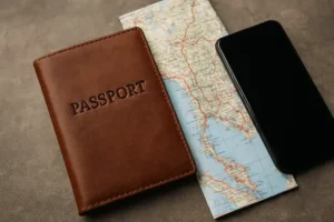 Passport, smartphone, and map, illustrating why travel tools matter for planning, navigation, and cross-border readiness.
