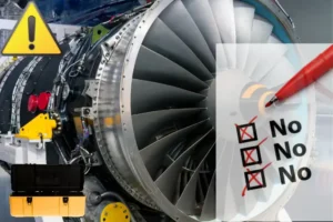 Aircraft engine under inspection with failed checklist overlay suggesting maintenance gaps in AI 171 Legal Exposure