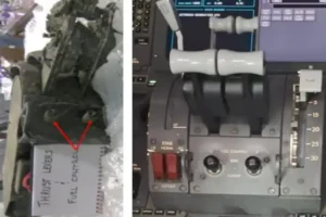 Air India AI 171 crash, side-by-side aircraft throttle quadrants showing damaged and intact fuel control switches.