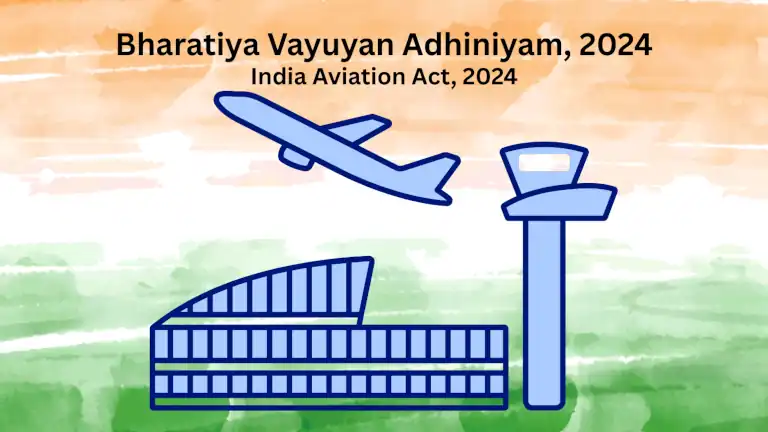 Image with Indian tricolour, blue icons of plane, terminal, and tower, India Aviation Act 2024 (Bharatiya Vayuyan Adhiniyam).