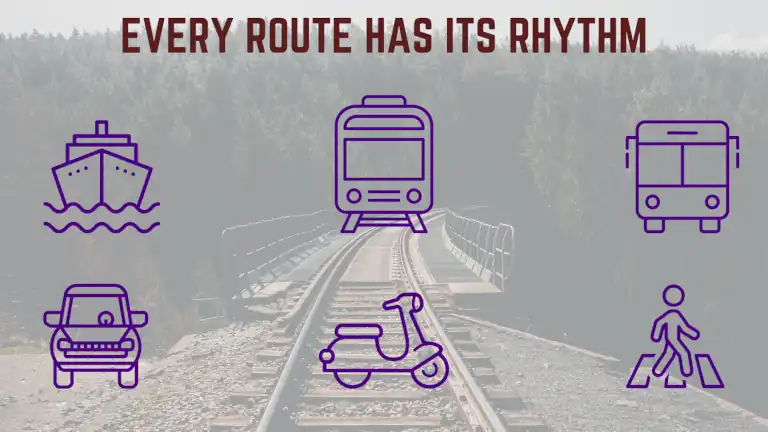 Railway track with icons for ship, train, bus, car, scooter, and pedestrian, symbolizing diverse surface transport modes.