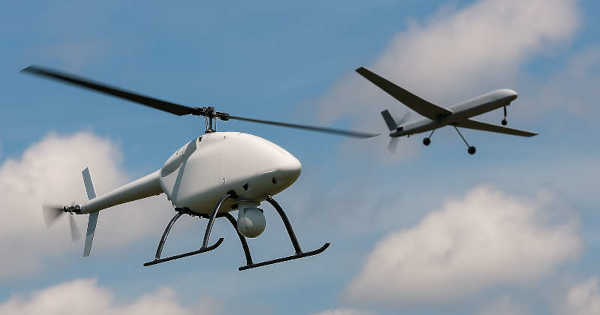 Uncrewed aerial vehicles, rotary and fixed-wing, flying under a cloudy sky, symbolizing emerging challenges in airline transportation laws and liability.