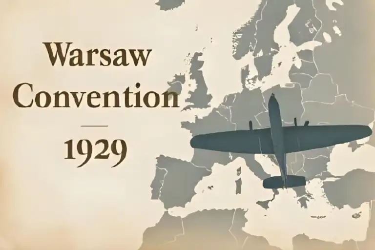 Airplane over vintage Europe map, symbolizing international air travel and carrier liability under Warsaw Convention 1929.