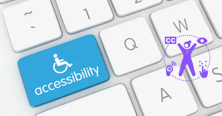 Keyboard with blue accessibility key and wheelchair icon, plus inclusive symbols for visual, auditory, and physical access.
