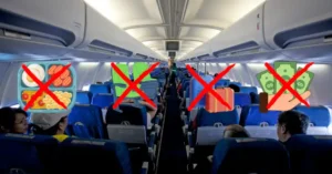 Airplane cabin with passengers seated; icons for food, seats, luggage, and cash refunds are crossed out with red Xs, visually representing airline failures and denied services.