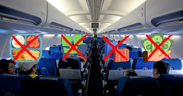 Airplane cabin with passengers; icons for food, seats, luggage, & refunds crossed out, showing airline failures and denial.