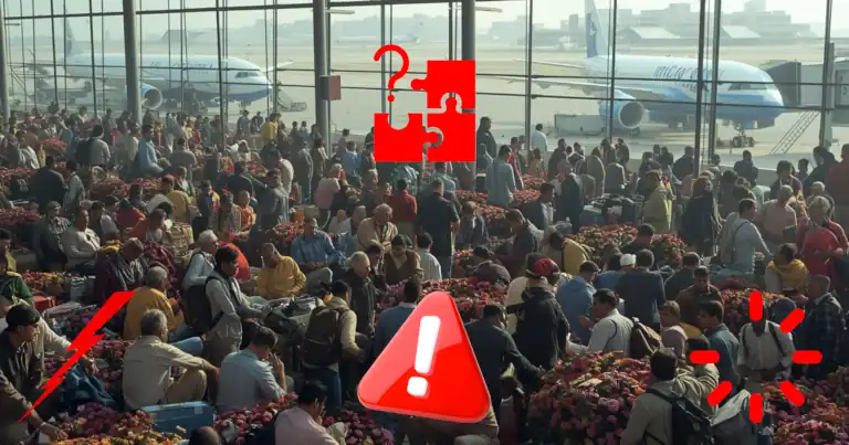 Crowded airport terminal showing stranded passengers, long queues and visible aircraft outside, illustrating the scale of the aviation compliance failure.