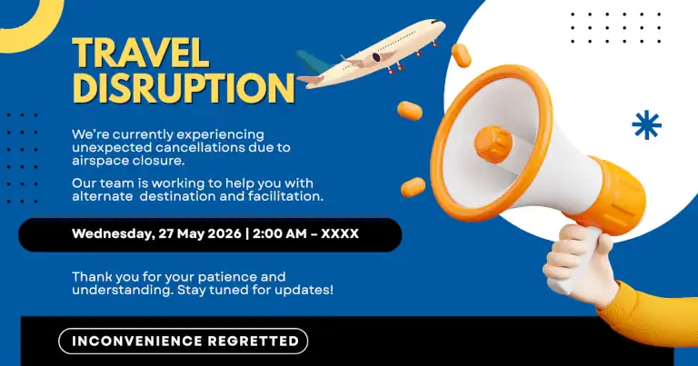 Digital announcement graphic showing an urgent notice about travel disruptions, with an airplane illustration and a megaphone alerting passengers to unexpected cancellations caused by airspace closure.