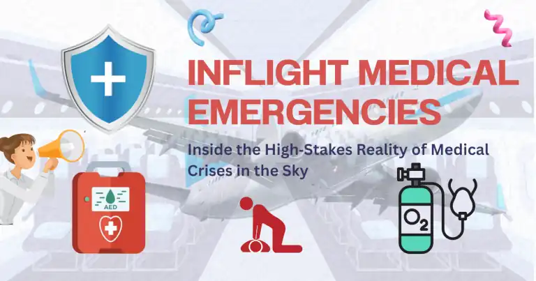Inflight medical emergencies illustrated with CPR, AED, oxygen and crew‑communication icons inside an aircraft cabin during a crisis.